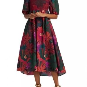 Farm Rio Bird Flowers Smocked Midi Dress XS